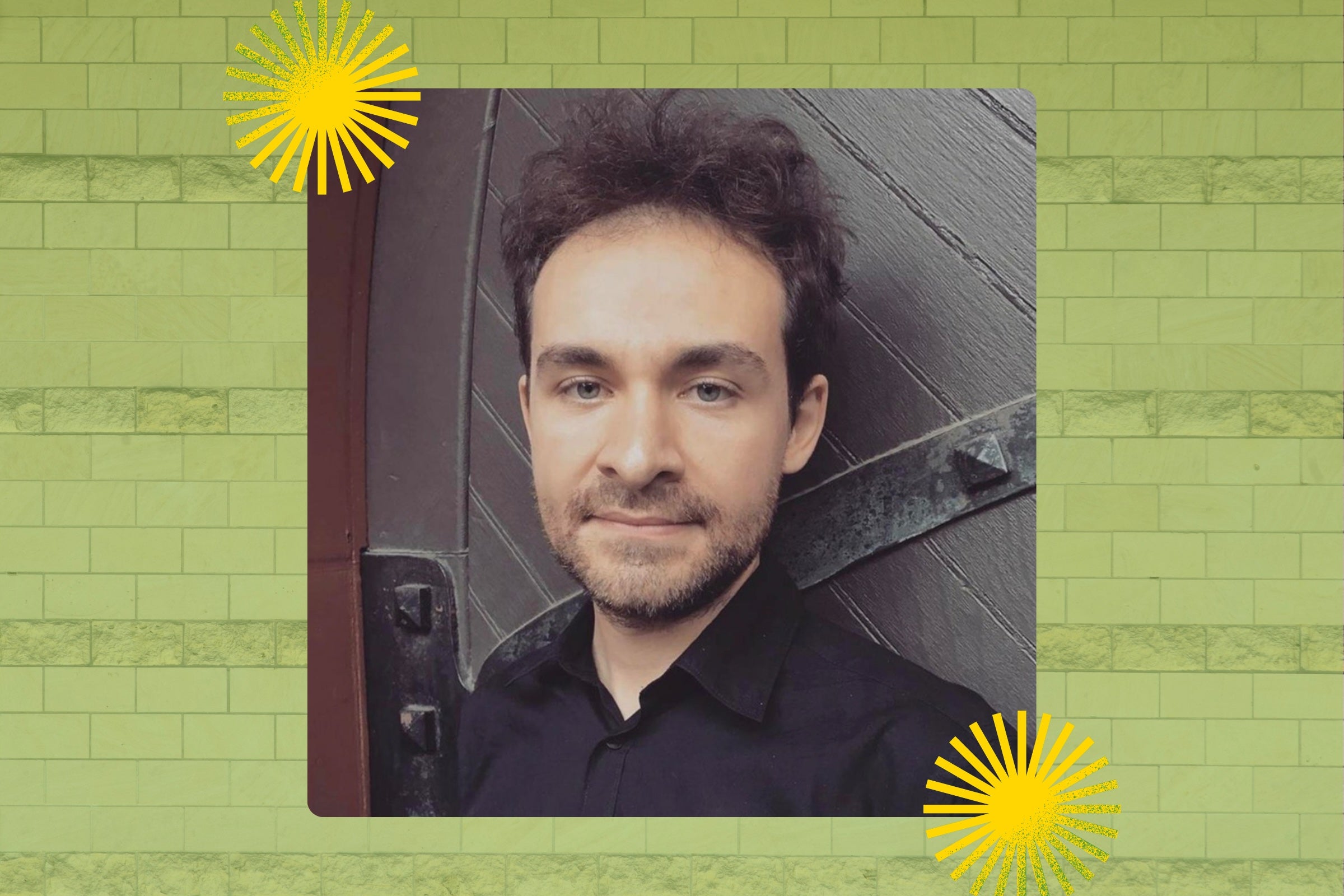 A bearded man in a collared shirt smiles, while graphic elements of bricks and bursts frame his headshot.