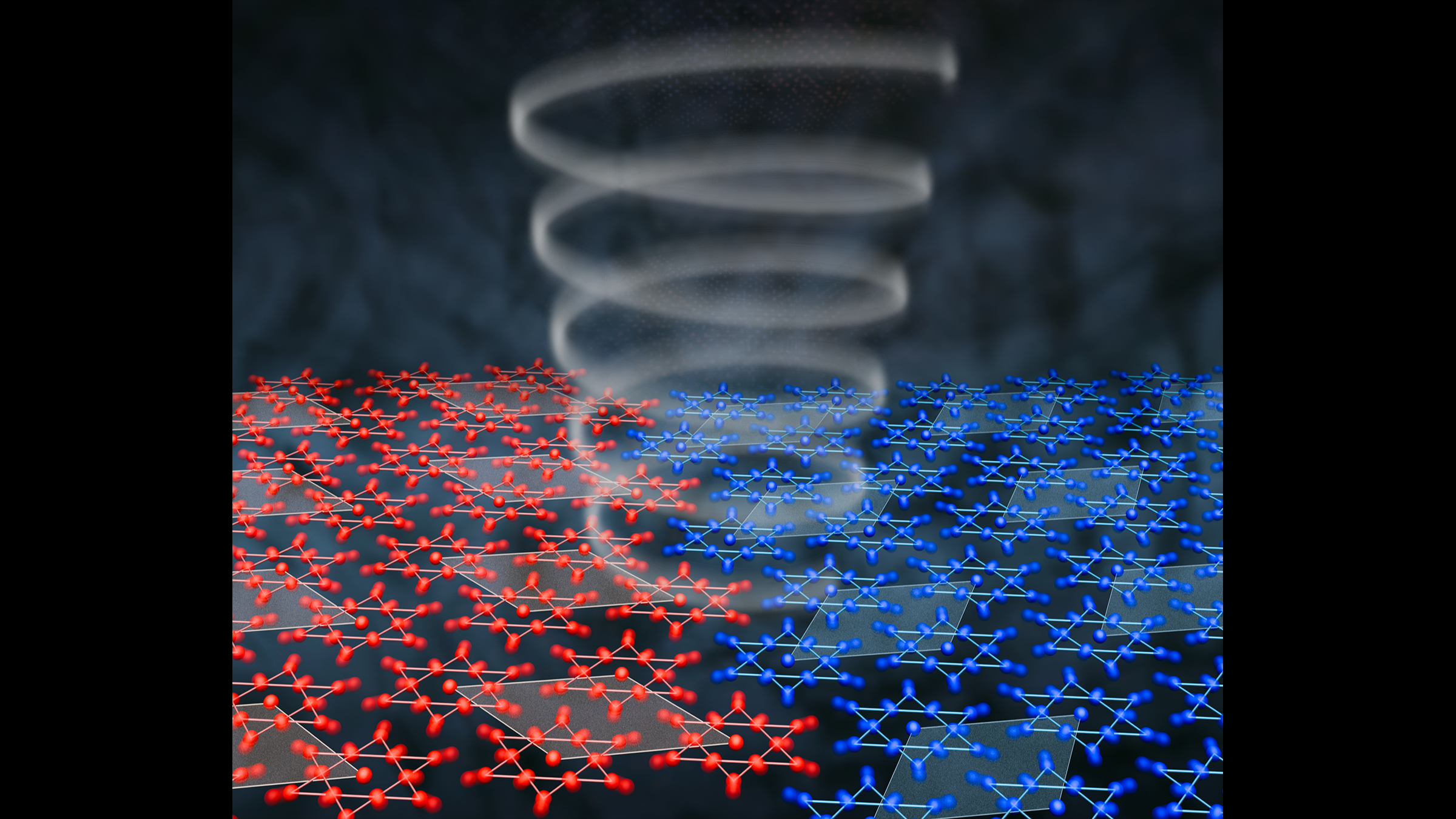 An illustration shows a white beam of light bending like a corkscrew as it interacts wtih a layer of atoms arranged in star shapes. Half of the stars are red and half are blue.