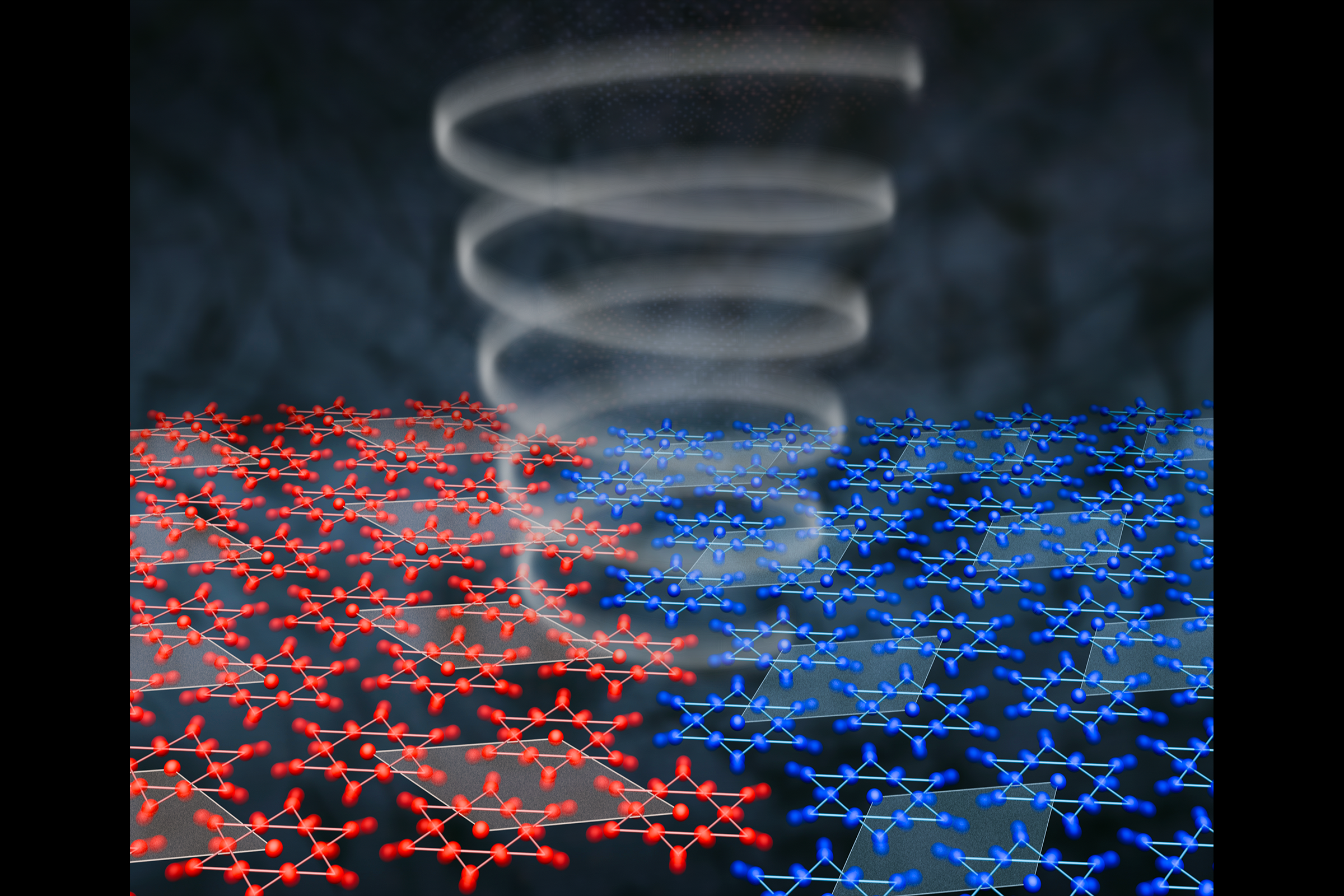 An illustration shows a white beam of light bending like a corkscrew as it interacts wtih a layer of atoms arranged in star shapes. Half of the stars are red and half are blue.